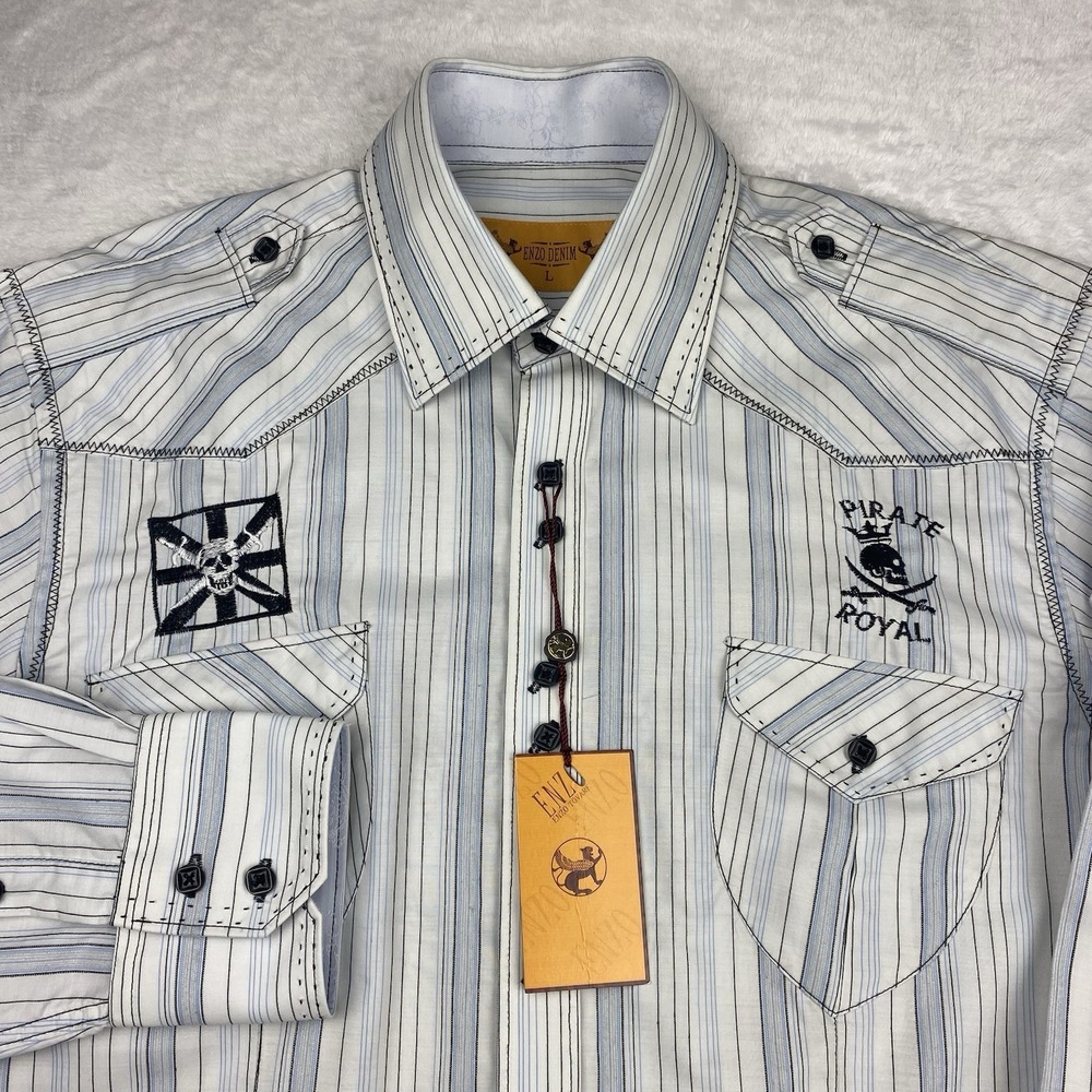 Enzo Denim Mens L White Striped Shirt Embroidered Button Up NWT Long Sleeve